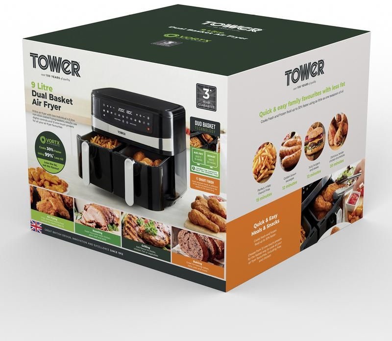 Tower T17088 Vortx 9L 12-In-1 Dual Basket Air Fryer - Black | Downtown