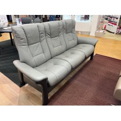 Stressless Windsor High Back 3 Seater Sofa in Silver Grey Leather with Grey Stain Wood Stressless Windsor High Back 3 Seater Sofa in Silver Grey Leather with Grey Stain Wood