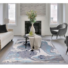 Asiatic Aurora AU18 Machine Woven Rug - Ocean - Blue/White/Silver