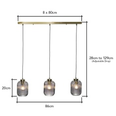 BHS Lyna 3 Light Bar Ceiling Pendant Light - Smoke/Satin Brass