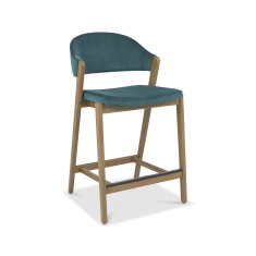 Brandon Rustic Oak Upholstered Bar Stool - Azure Velvet