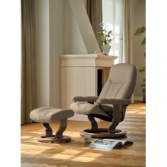 Stressless Consul Medium Chair & Footstool With Classic Base - Calido Light Beige Fabric/Smoked Oak