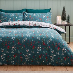 Catherine Lansfield Brushed Cotton Christmas Holly & Mistletoe Duvet Set