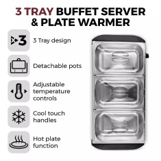 Tower T16150 Buffet Server 3 x 1.5L - Stainless Steel