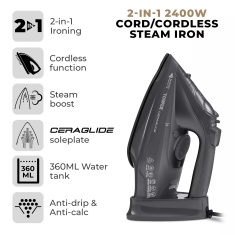 Tower T22008G Cord/Cordless Steam Iron - Grey