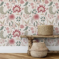 Esselle Home Fable Trail Wallpaper - Linen/Raspberry/Green Esselle Home Fable Trail Wallpaper - Linen/Raspberry/Green