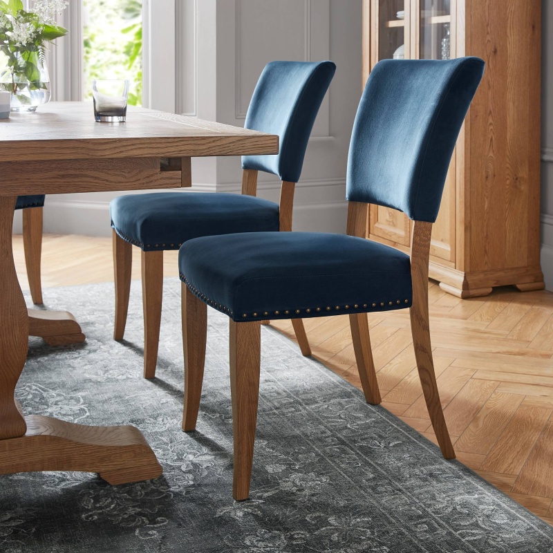 Vancouver Rustic Oak Upholstered Chair - Dark Blue Velvet Fabric Pair