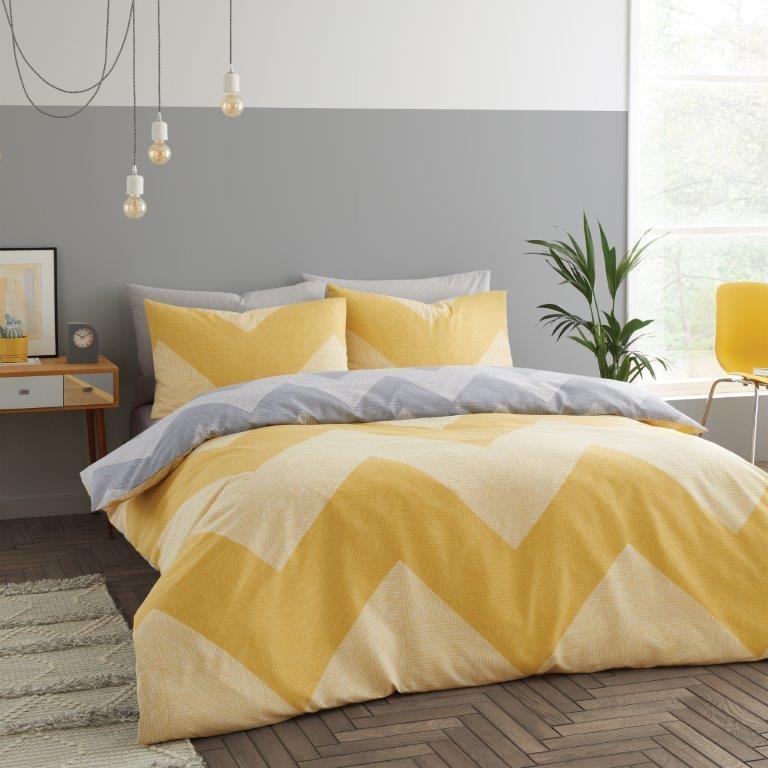 Catherine Lansfield Chevron Geo Twin Pack Grey and Ochre Duvet Sets - King In YellowGrey