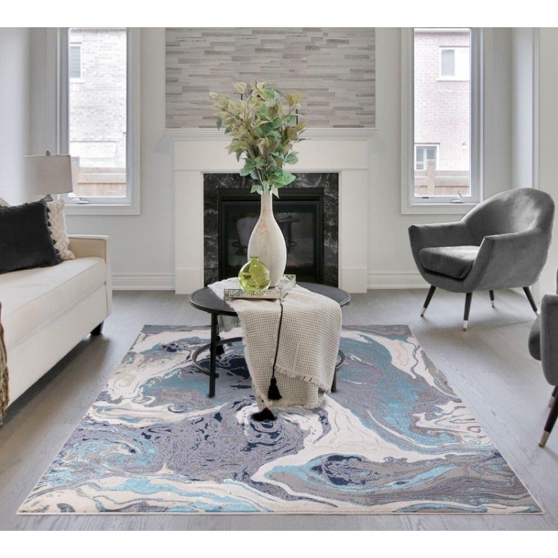 Asiatic Aurora AU18 Machine Woven Rug - Ocean - Blue/White/Silver - 080x150cm In SilverWhiteNavyBl