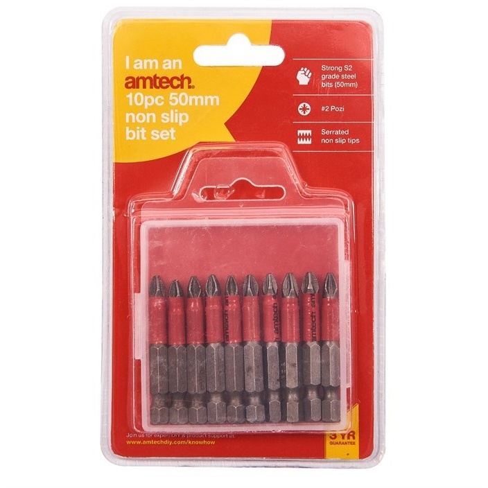 Amtech 10 Piece 50mm Non-Slip Pozi Drive Bit Set In Grey