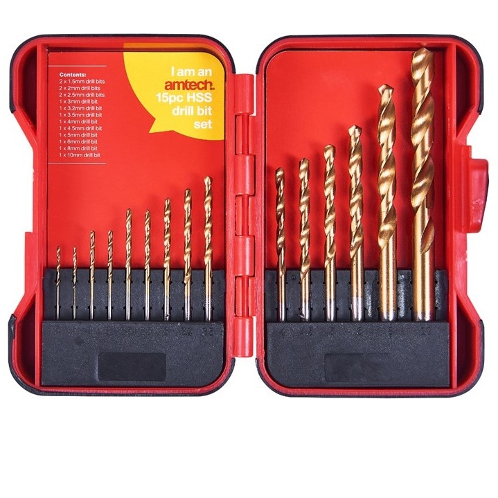 Amtech 15 Piece Titanium Coated High Speed Steel Hss Drill Bit Set