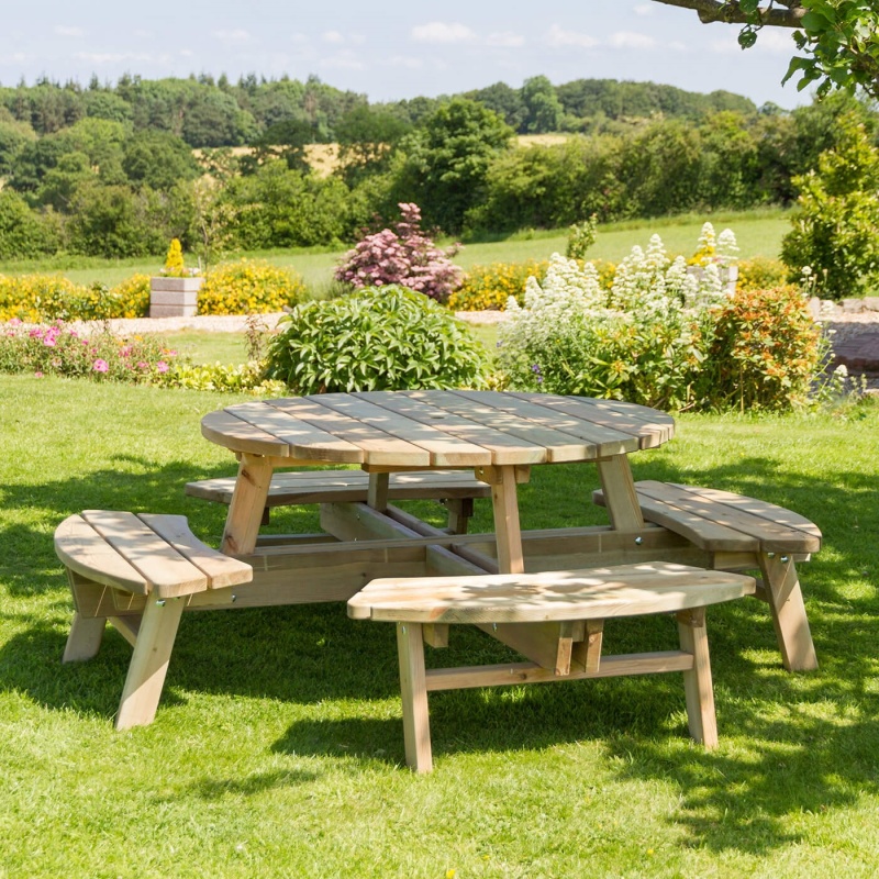 Zest Garden Rose Wooden Round 8 Seater Picnic Table In Natural