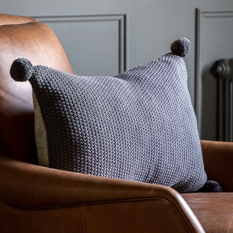 Downtown Moss Stitch PomPom Filled Cushion - Charcoal