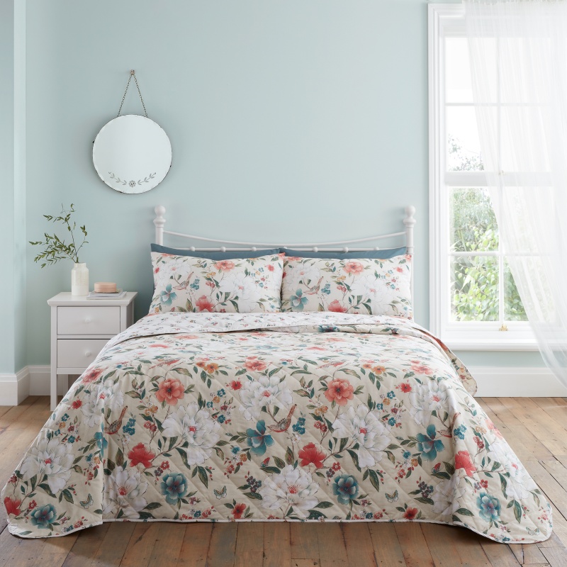 Photos - Bed Linen Catherine Lansfield Pippa Floral Birds Bedspread 220x230cm In Ble/Orange 