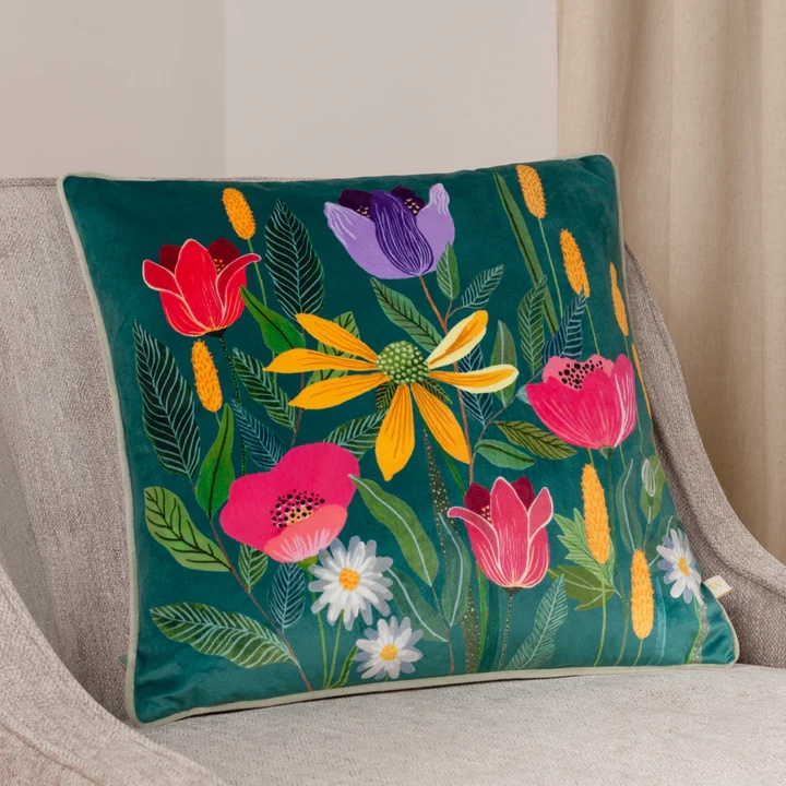 Riva House of Bloom Celandine Feather Filled Cushion 43cm - Teal In Blue