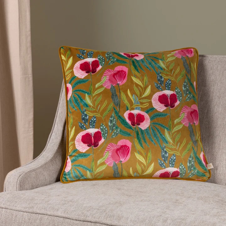 Riva House of Bloom Poppy Feather Filled Cushion 43cm - Saffron In Yellow