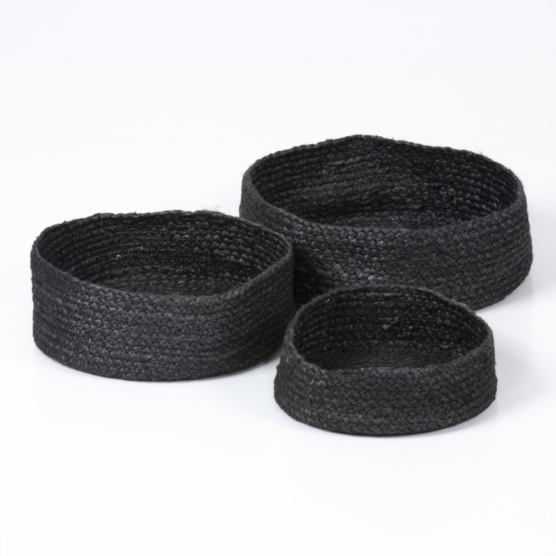 Esselle Bankside Set of 3 Jute Flat Round Baskets - Black