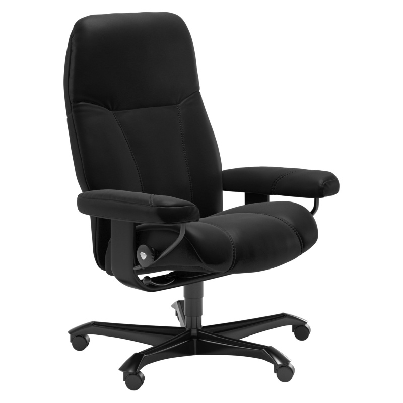 Stressless Stressless Consul Medium Office Chair in Batick Black Leather with Black Wood Base