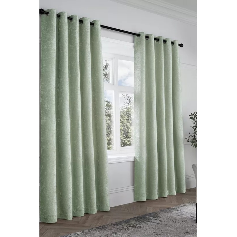 Curtina Textured Chenille Lined Eyelet Curtains - Green