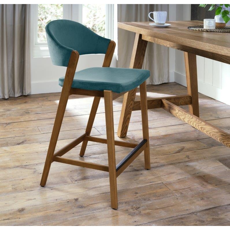 Brandon Rustic Oak Upholstered Bar Stool - Azure Velvet