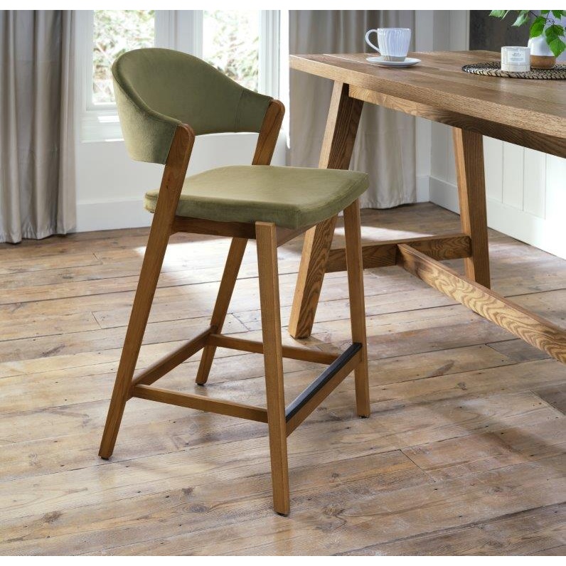 Brandon Rustic Oak Upholstered Bar Stool - Cedar Velvet