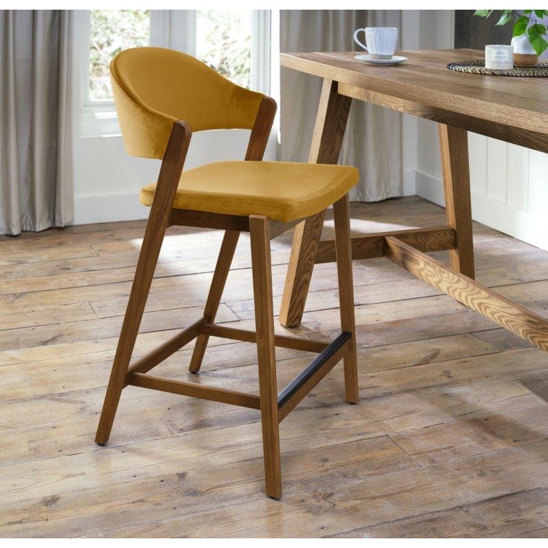 Brandon Rustic Oak Upholstered Bar Stool - Mustard Velvet