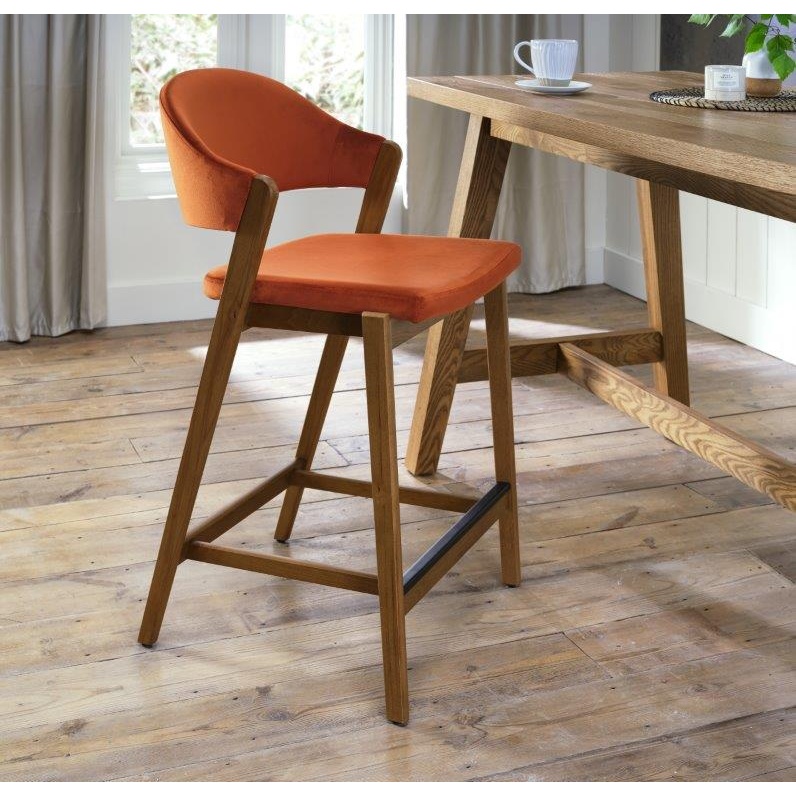 Brandon Rustic Oak Upholstered Bar Stool - Rust Velvet