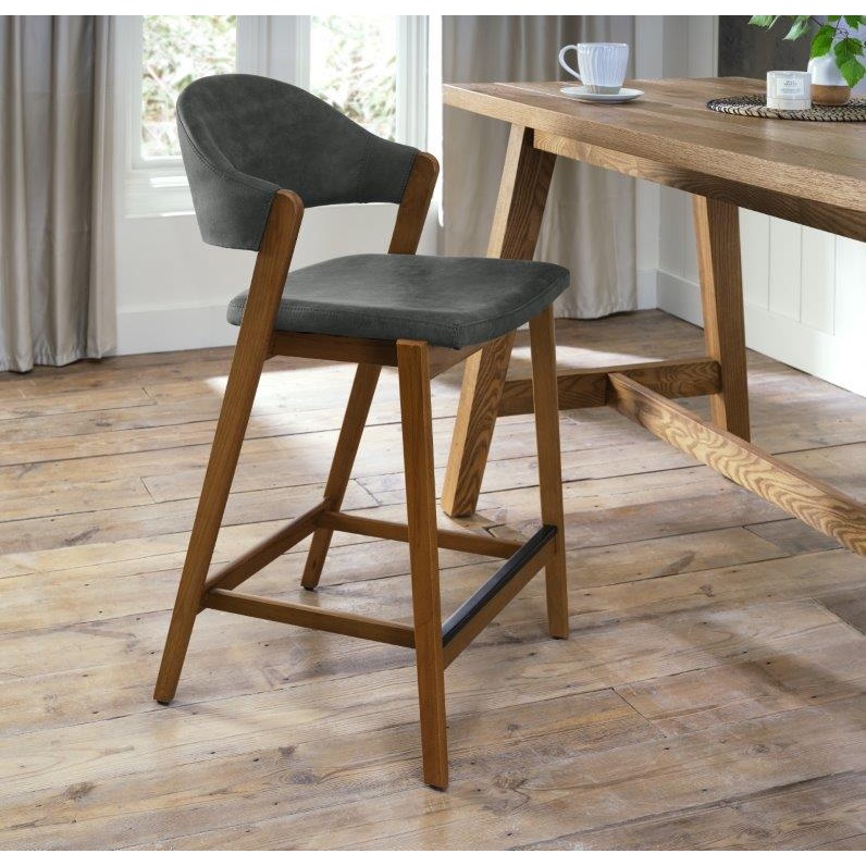 Brandon Rustic Oak Upholstered Bar Stool - Dark Grey Fabric