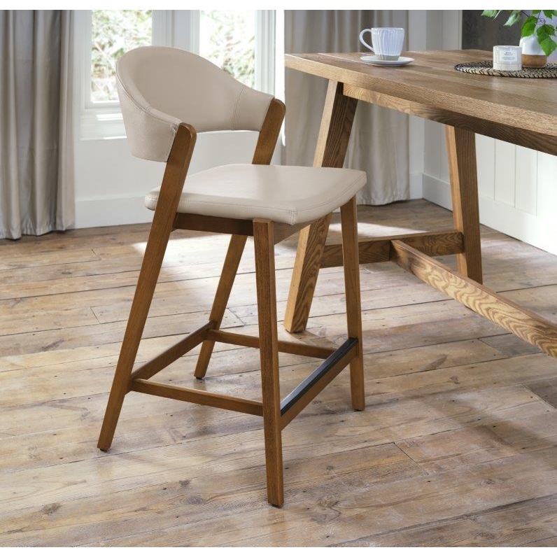 Brandon Rustic Oak Upholstered Bar Stool - Ivory Bonded Leather