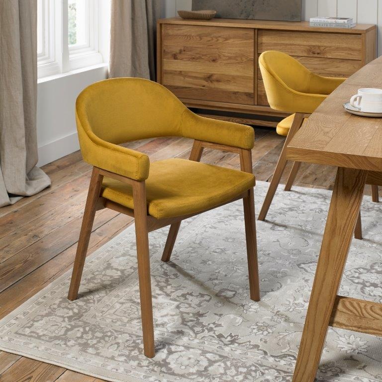 Brandon Rustic Oak Upholstered Arm Chair Pair - Mustard Velvet In Yellow/Oak