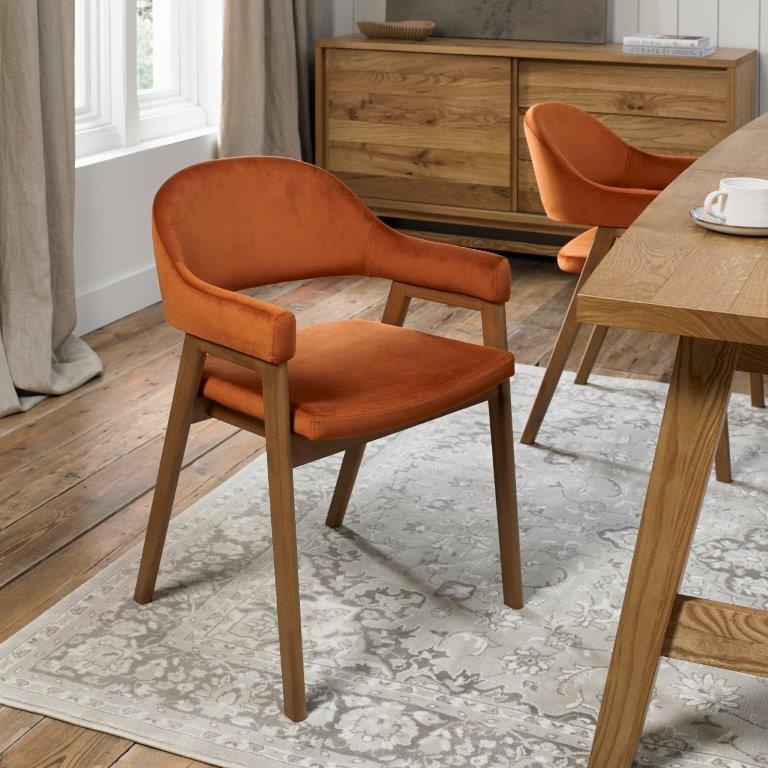 Brandon Rustic Oak Upholstered Arm Chair Pair - Rust Velvet