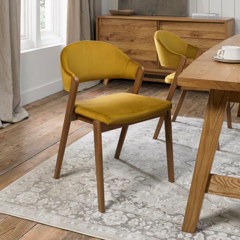 Brandon Rustic Oak Upholstered Chair Pair - Mustard Velvet