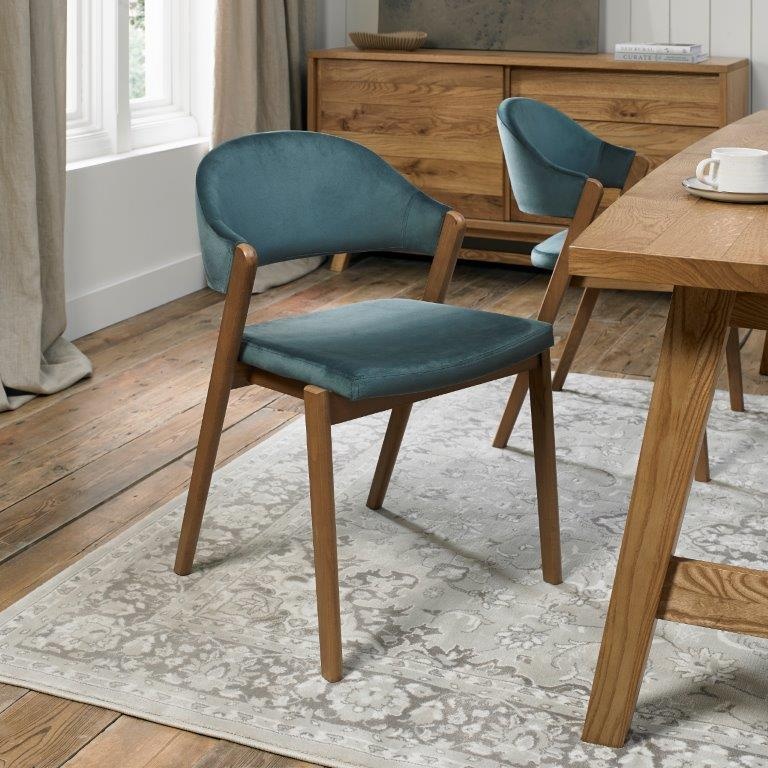 Brandon Rustic Oak Upholstered Chair Pair - Azure Velvet