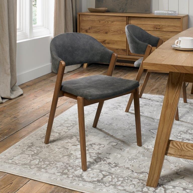 Brandon Rustic Oak Upholstered Chair Pair - Dark Grey Fabric