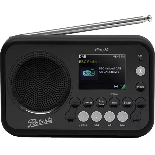 Roberts PLAY20BK DAB/DAB+/FM RDS & Bluetooth Digital Portable Radio - Black