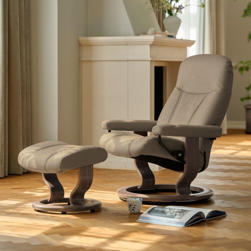 Stressless Stressless Consul Medium Chair & Footstool With Classic Base - Calido Light Beige Fabric/Smoked Oak