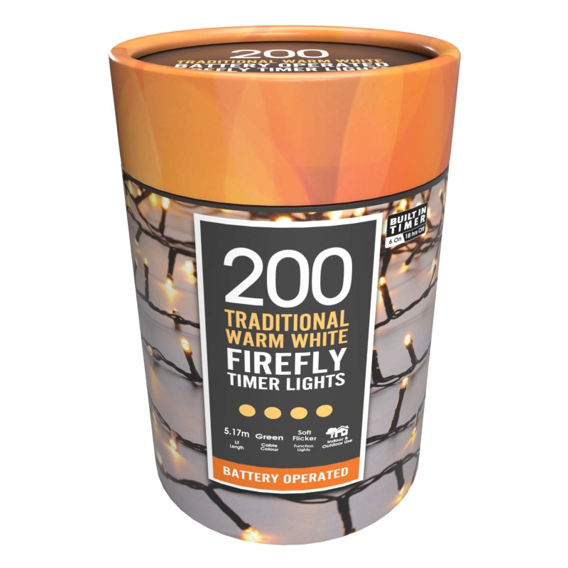 Festive 200 Battery Timer Firefly Lights - Warm White