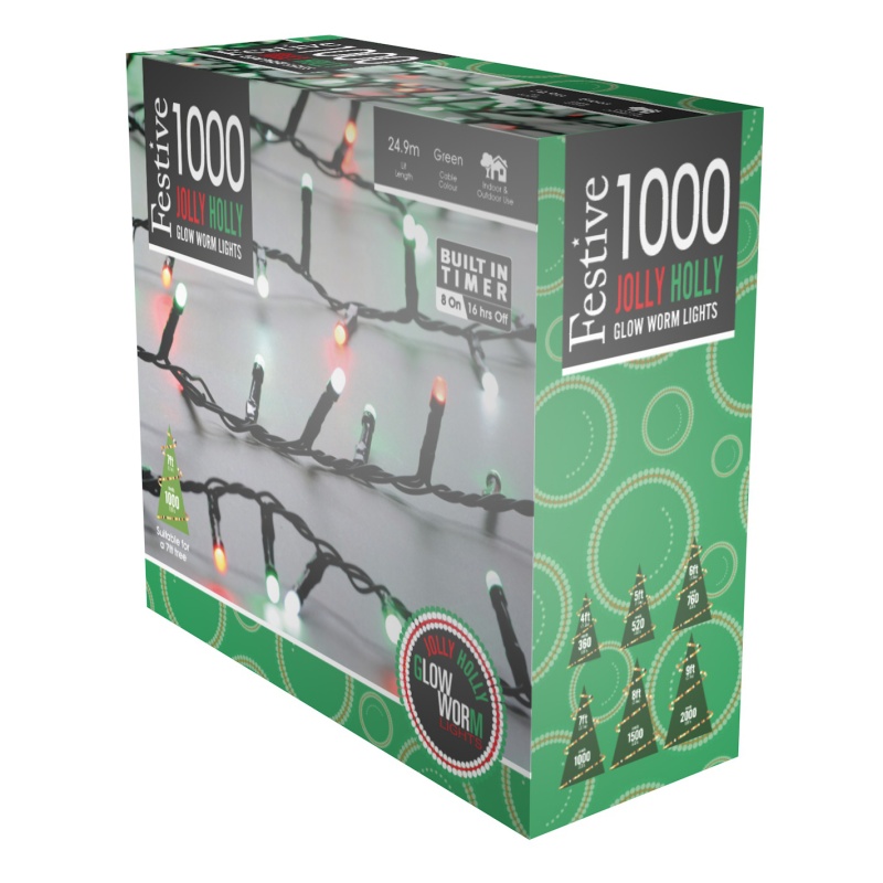 Festive 1000 Glow-Worm Lights - Jolly Holly