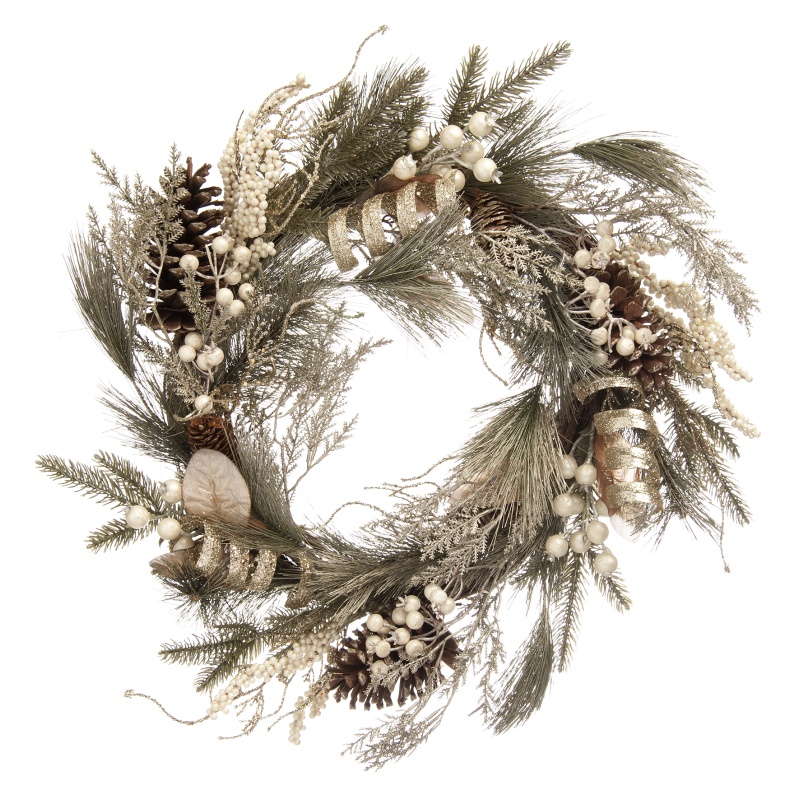 Festive Frosted Bristle Gold Leaf Wreath - 56cm