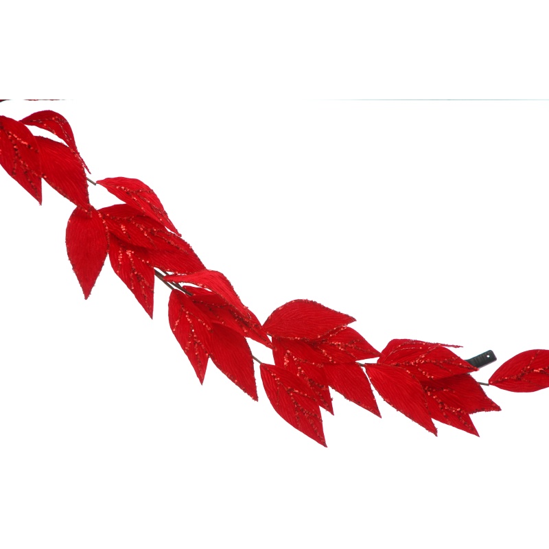 Festive Red With Red Glitter & Leaf Garland - 138cm