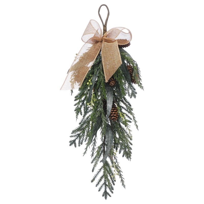 Festive Green Foliage Teardrop With Gold Bow - 60cm