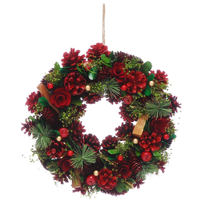 Festive Red Pinecones & Roses Wreath - 36cm