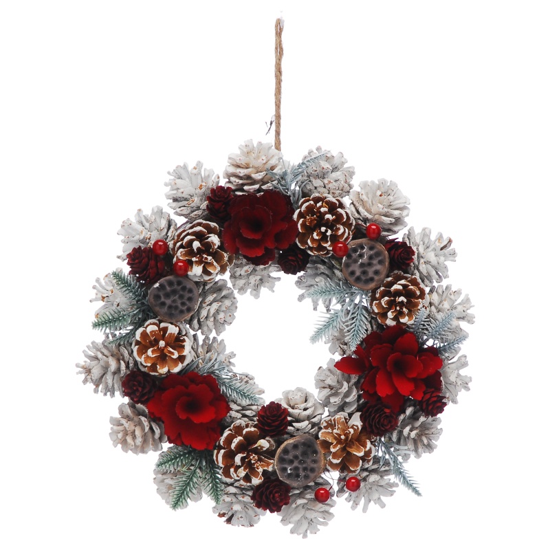 Festive Red Flowers White Pinecones Wreath - 30cm