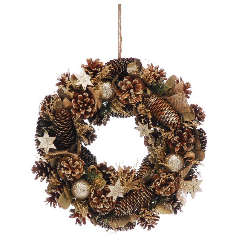 Festive Pinecones Gold Balls & Stars Wreath - 36cm