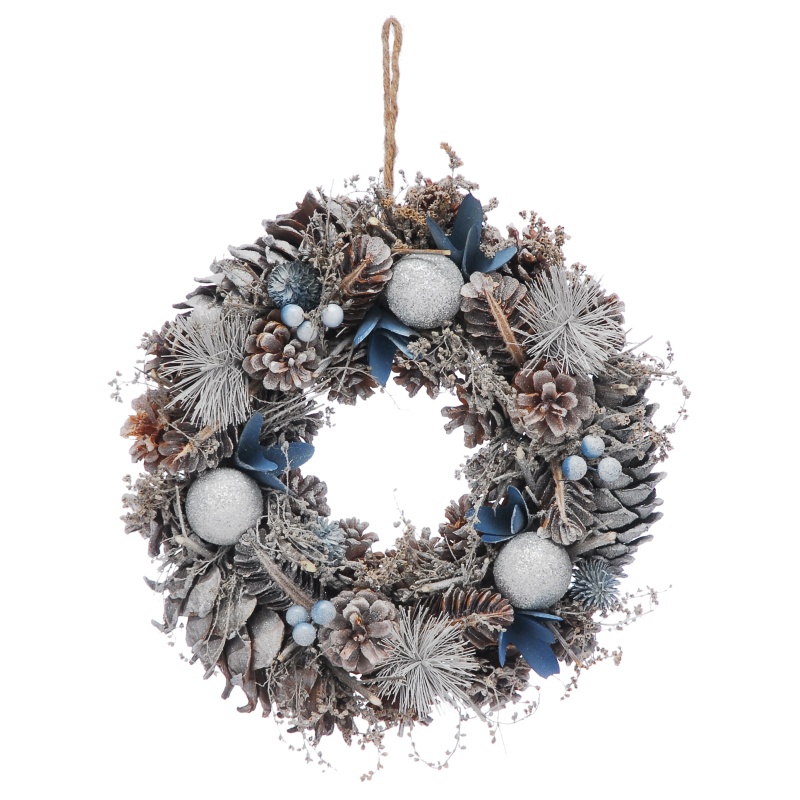 Festive Blue Flowers & Silver Ball Wreath - 30cm