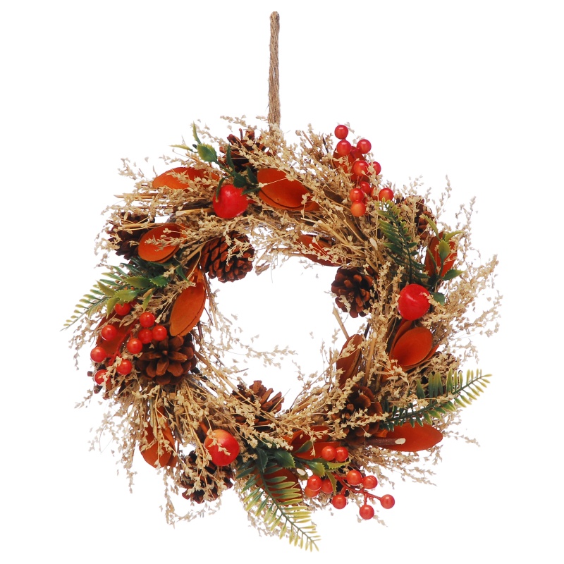 Festive Orange Flowers & Berries Autumn Wreath - 30cm