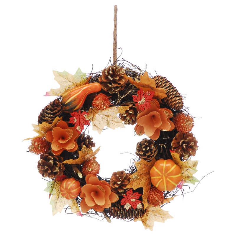 Festive Orange Flowers & Pumpkins Autumn Wreath - 30cm