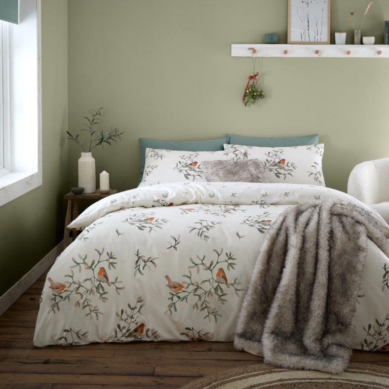 Catherine Lansfield Brushed Cotton Mistletoe Robins Duvet Set