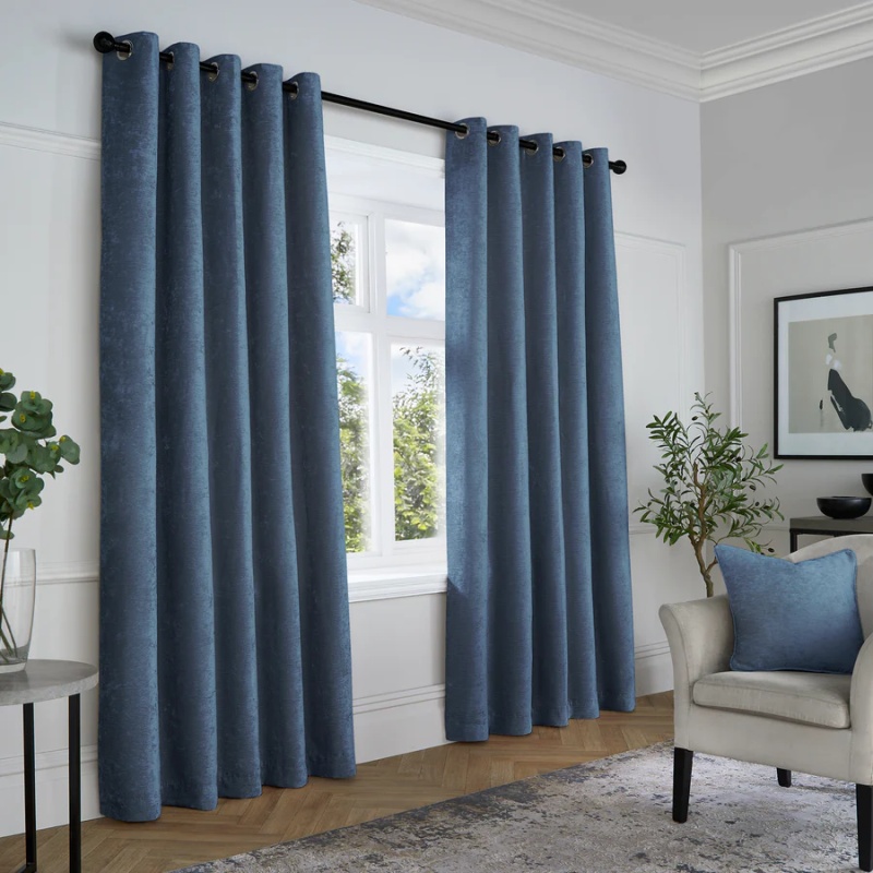 Curtina Textured Chenille Eyelet Curtains Pair - Navy