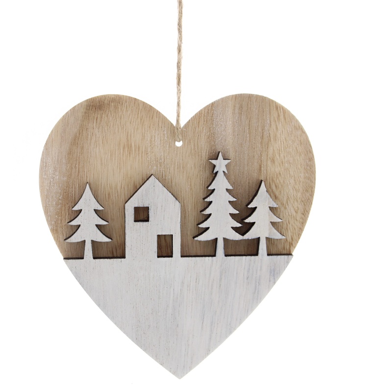 Festive Festive Hanging Wooden Heart With House & Trees 15cm